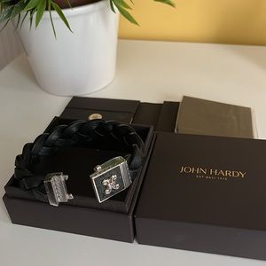 JOHN HARDY Dayak silver large rectangular bracelet braided black leather 17 mm